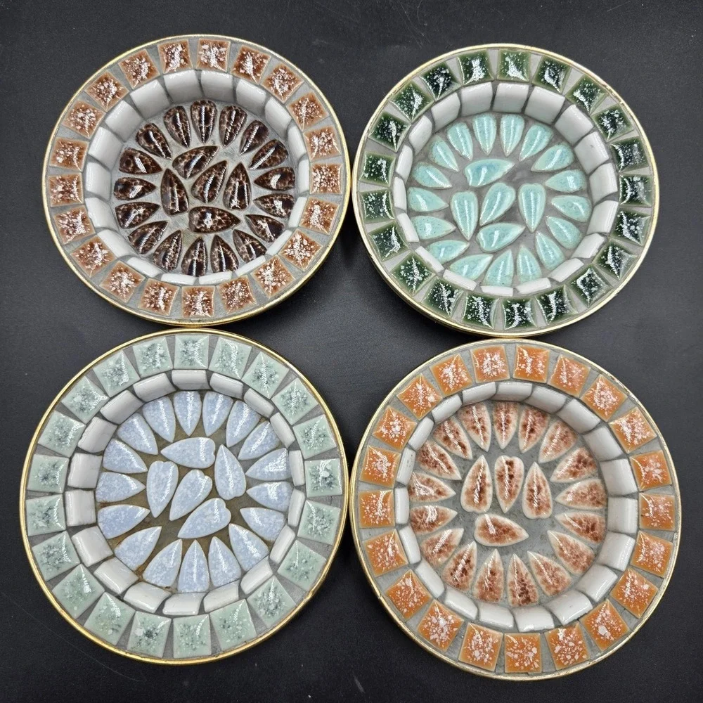 Vtg 4 Piece Mid-Century Modern Mosaic‎ Tile Coaster Dish Hand Crafted Japan
